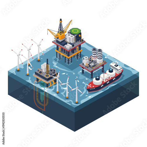Isometric illustration showcasing offshore energy production, including oil rigs, wind turbines, and a specialized vessel.
