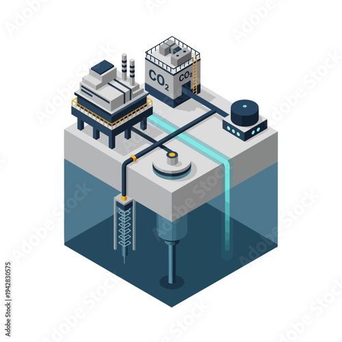 Illustration of a carbon capture and storage system, showing industrial infrastructure and CO2 storage.