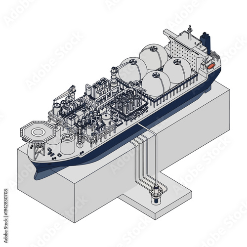 Isometric illustration of a Floating Liquefied Natural Gas (FLNG) vessel connected to an offshore subsea production system.
