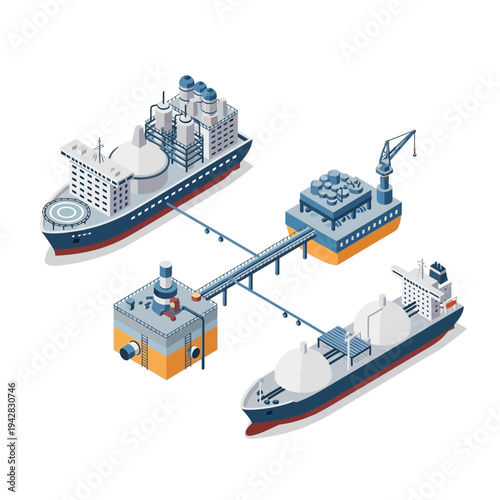 Isometric illustration of an offshore liquefied natural gas (LNG) terminal with FSRU, LNG carrier, and processing platforms connected by bridges.