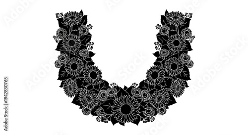 Decorative U-shaped Floral Arrangement of Sunflowers and Leaves in Black and White Vector Art