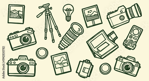 Photography equipment and supplies doodle illustration on a beige background