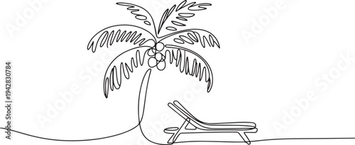 continuous line drawing of coconut tree and beach mattress Tourism beach sea vector illustration. one line Icon drawing