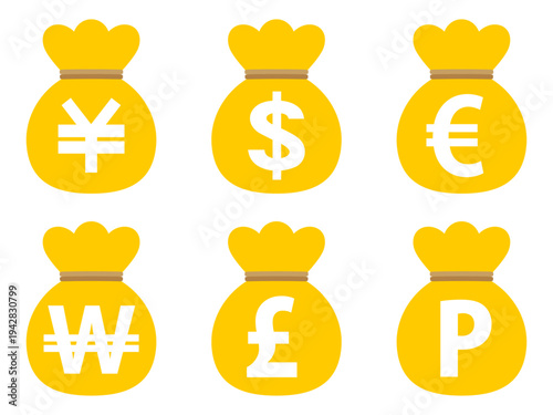 世界の通貨のお金袋のイラスト素材セット3