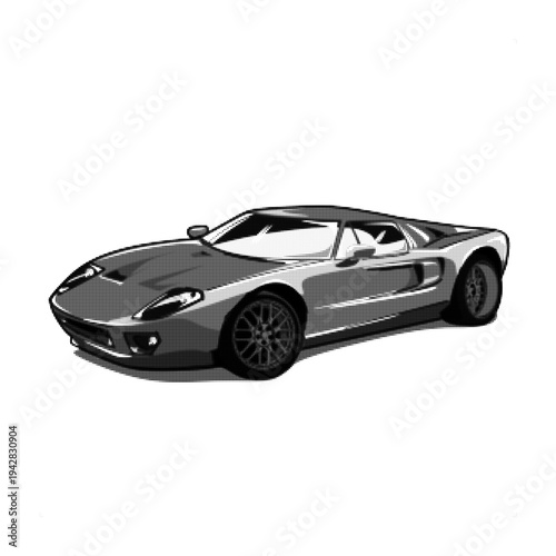 Black and white halftone illustration of a modern sports car. Luxury performance automobile isolated on white background in vintage engraving style.