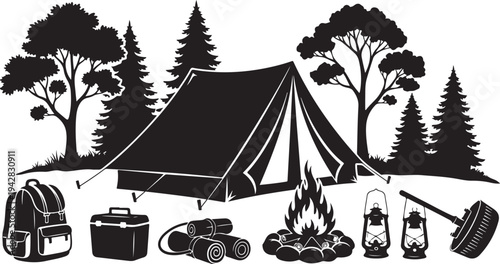 Camping in the woods with essential outdoor gear equipment