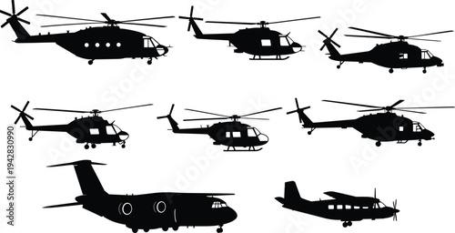 Helicopter and aircraft silhouettes collection isolated on white background, military and transport aviation vehicles for aerospace design