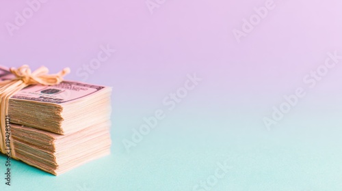 Stack of cash placed on a simple background with colors blending together
