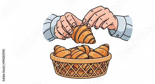 Hands holding croissant over basket.