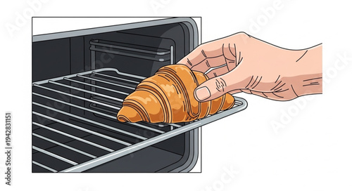 Hands holding croissant in oven.