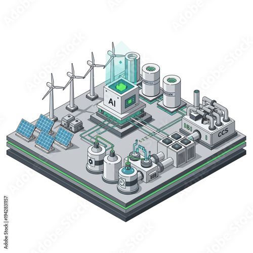 An advanced AI-powered industrial complex integrating renewable energy sources like solar panels and wind turbines with carbon capture systems and futuristic energy storage solutions.