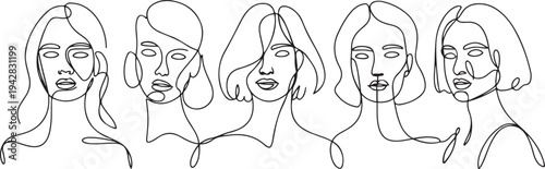 Continuous line, drawing of set faces and hairstyle, fashion concept, woman beauty minimalist, vector illustration for t-shirt, slogan design. one line Icon drawing