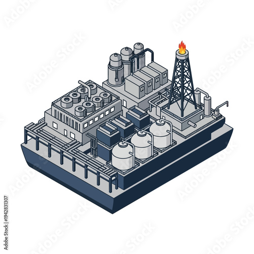 Isometric illustration of an offshore oil rig and processing platform with a flare stack burning gas.