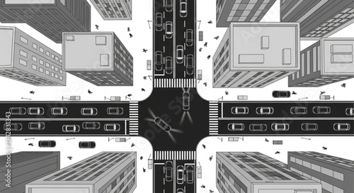 Aerial view of a busy city intersection with traffic and buildings.