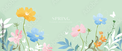 Spring watercolor flower background vector with soft pastel blossom border on sage green backdrop. Elegant botanical floral design for banner, wallpaper, greeting card, invitation, and branding.