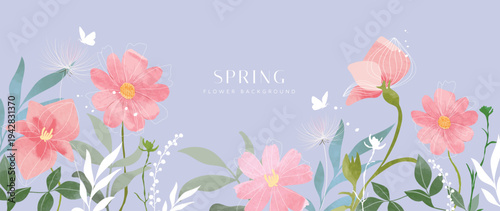 Spring flower watercolor background vector with pastel floral composition on lavender purple backdrop. Elegant botanical design for banner, wallpaper, greeting card, invitation and branding.