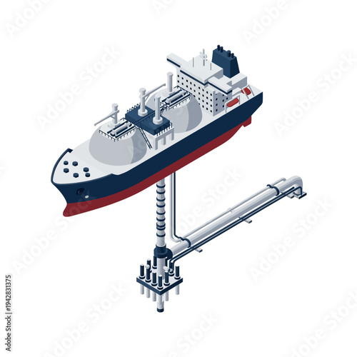 Illustration of a floating liquefied natural gas (FLNG) facility with a ship connected to an offshore platform via a riser and pipeline system.