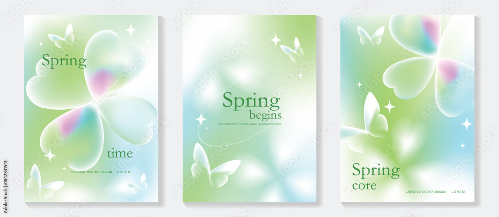 Naklejka premium Spring flowers poster vector set. Botanical pastel gradient background and white floral design for spring and summer sale ads, invitation backgrounds, cards, branding, packaging and wall decoration.