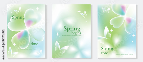 Spring flowers poster vector set. Botanical pastel gradient background and white floral design for spring and summer sale ads, invitation backgrounds, cards, branding, packaging and wall decoration.
