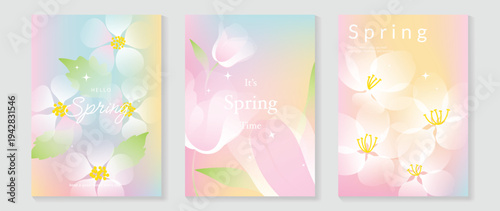 Spring flowers poster vector set. Botanical pastel gradient background and white floral design for spring and summer sale ads, invitation backgrounds, cards, branding, packaging and wall decoration.