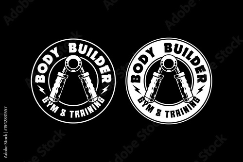 Bodybuilder Gym Badge Logo with Hand Grippers. Sport Gym Club Logo Vector. Strength Training Workout Emblem Design