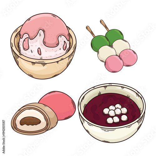 Illustrations of japanese sweets dango mochi kakigori or shaved ice oshiroku or red bean soup