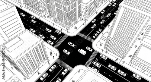 Aerial view of a busy city intersection with traffic and buildings.