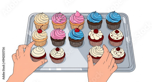 Hands holding tray of colorful cupcakes.