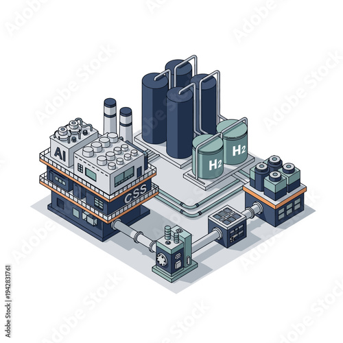 Isometric illustration of an advanced green hydrogen production facility powered by AI and advanced grid systems.