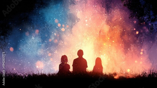 Group of friends sitting together at night watching colorful lights