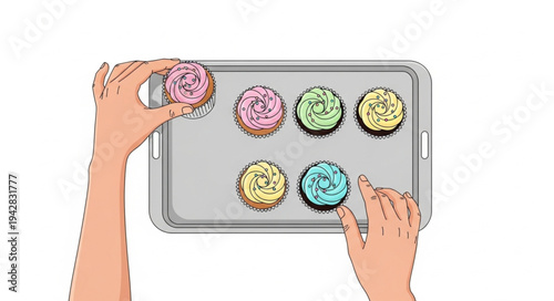 Hands holding tray of cupcakes.