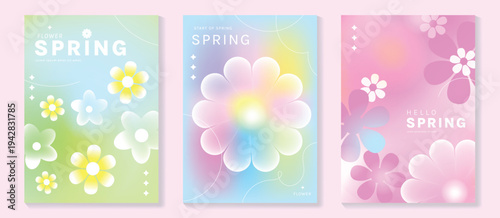 Spring flowers poster vector set. Botanical pastel gradient background and white floral design for spring and summer sale ads, invitation backgrounds, cards, branding, packaging and wall decoration.