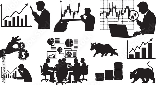 Finance growth silhouette icon set. featuring chart, arrow, gold bar, investment, savings, and smartphone symbols
