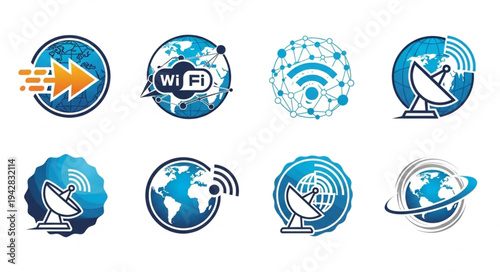 Collection of global communication and technology icons.
