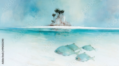 Four fish swim near a small island with palm trees in clear water