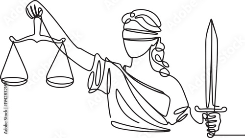 scales of justice blind woman sword line drawing. one line Icon drawing