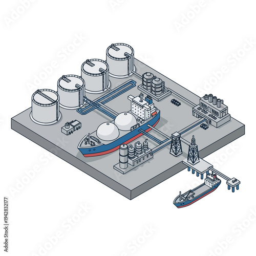 Isometric illustration of a liquefied natural gas (LNG) terminal with ships, storage tanks, and processing facilities, showcasing the import and export infrastructure.