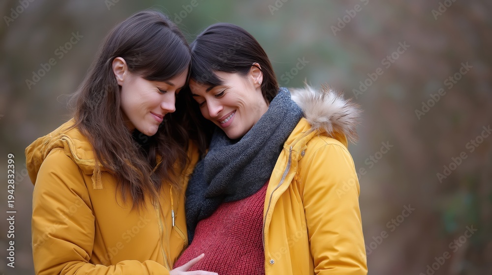 Fototapeta premium Two women embracing in winter, smiling and discussing pregnancy