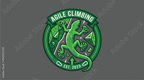 Agile Climbing Logo with Gecko on Rocks.