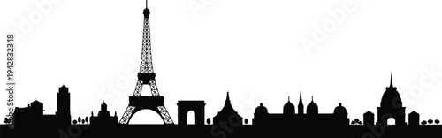 Paris skyline silhouette with Eiffel Tower and famous landmarks isolated on white background, France travel city panorama