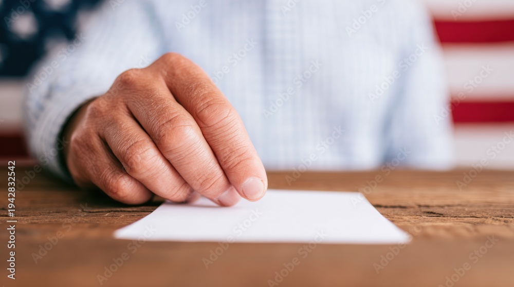 Obraz premium Hand reaching for blank paper near American flag background