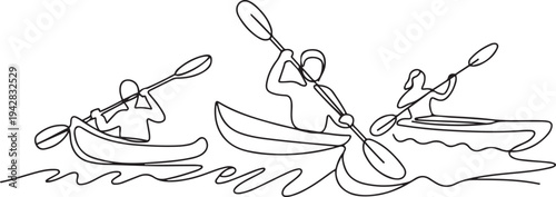 people kayak canoe boat summer activity sport lifestyle one line art design vector. one line Icon drawing