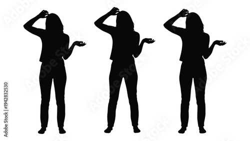 Silhouette of a woman in three different poses hands raised in questioning gestures