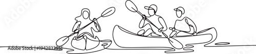 people kayak canoe boat summer activity sport lifestyle one line art design vector. one line Icon drawing
