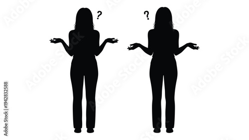 Two silhouetted women with question marks above their heads expressing confusion