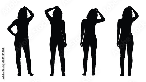 Four identical silhouettes of women with hands raised posed in a line