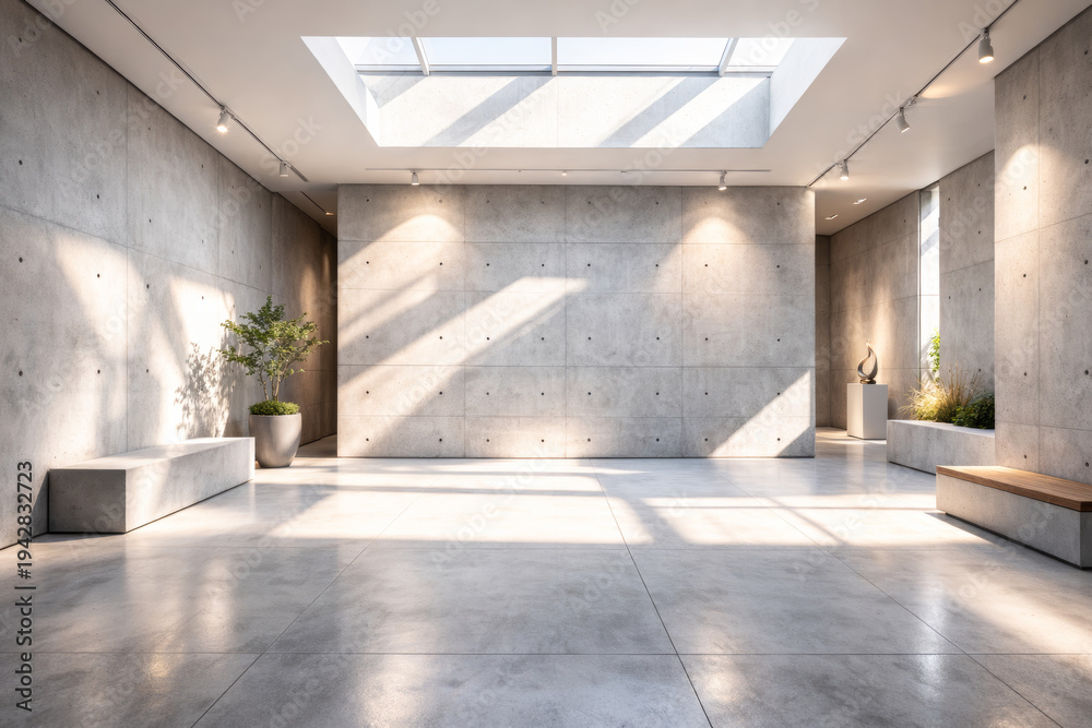 Fototapeta premium Modern minimalist interior with concrete walls and natural light