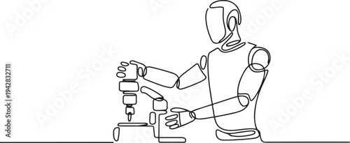robot robotic machine factory employee industry technology work one line art design vector. one line Icon drawing