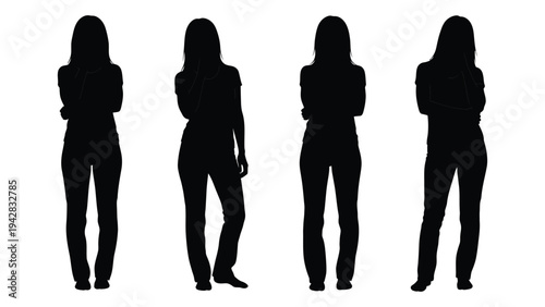 Four silhouetted women standing in a row facing forward with arms crossed