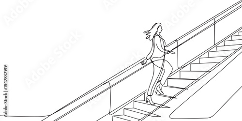 Beautiful woman going up by moving escalator. career ladder of an employee. special sale days shopping mall escalators concept. one line Icon drawing